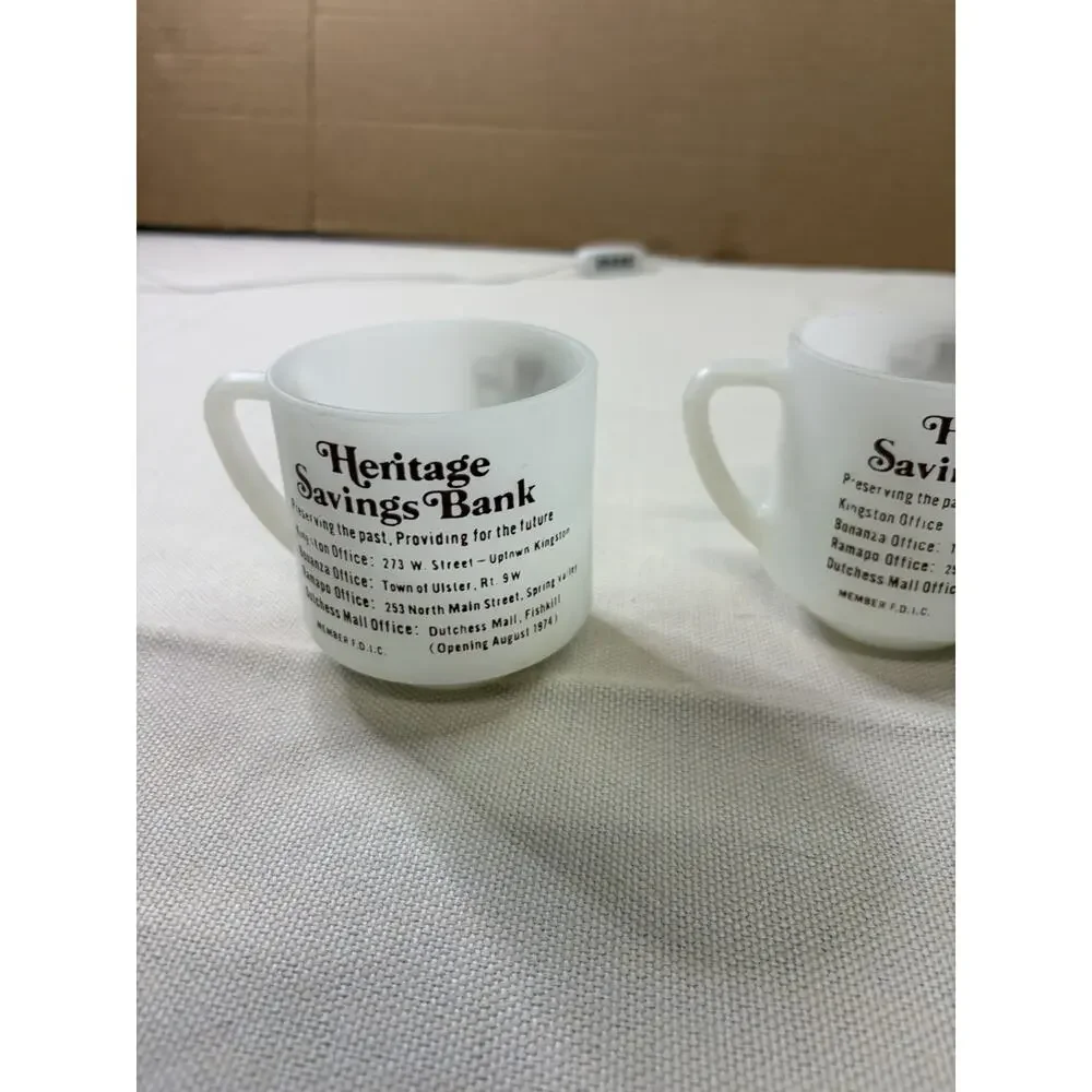 VTG. Federal Milk Glass Mugs Set Of 2 Heritage Savings Bank 1974 Heat Proof USA